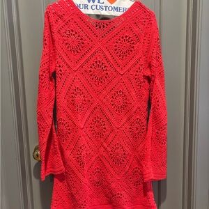 Joie Red Crochet Knit Long Sleeve Tunic Dress